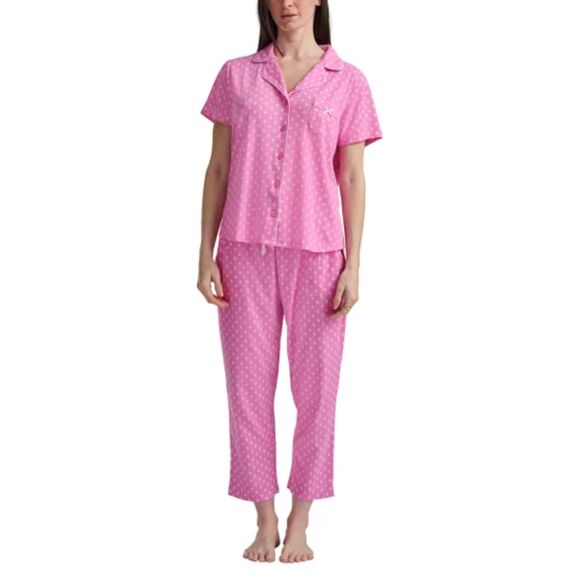 KAREN NEUBURGER Notch Collar 2-piece PJ Set M Pink White Loungewear Pajamas NWT - Picture 2 of 10
